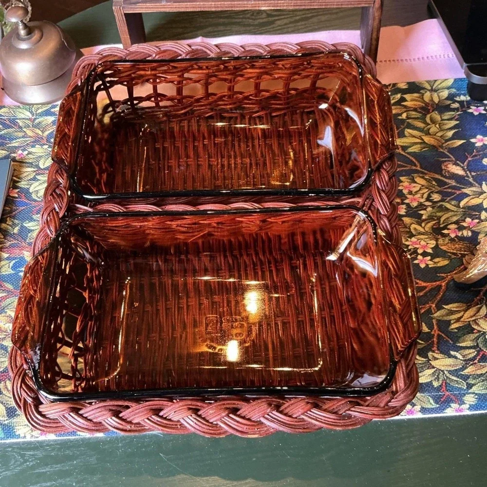 Double Anchor Hocking #441 Amber Cassarole Dishes w/ wicker carrier.